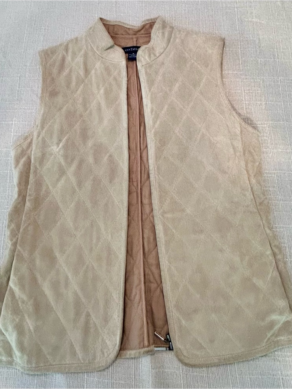 Vintage 90s Ann Taylor Quilted Suede Vest Womens Tan Full Zip Collar Preppy